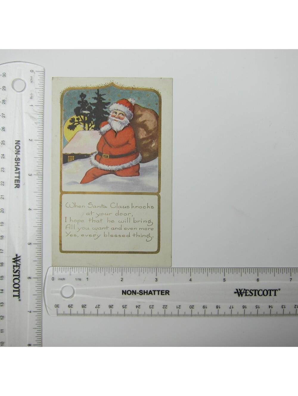 Christmas Postcard Santa Hikes in Snow Toy Bag Cabin Moon Night Whitney Antique - Picture 6 of 12